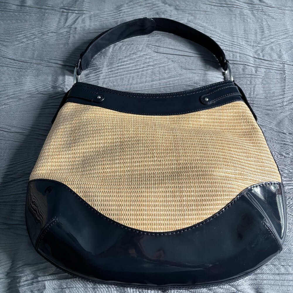 Ann Taylor Straw Woven and Navy Blue Patent Leather Handbag